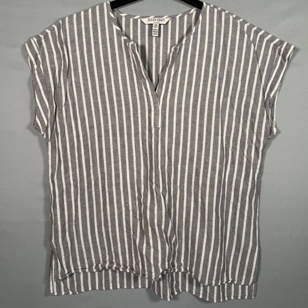 Ellen Tracy Linen Pop Over Blouse Grey White Striped Women's XL No‎ Sleeves EUC